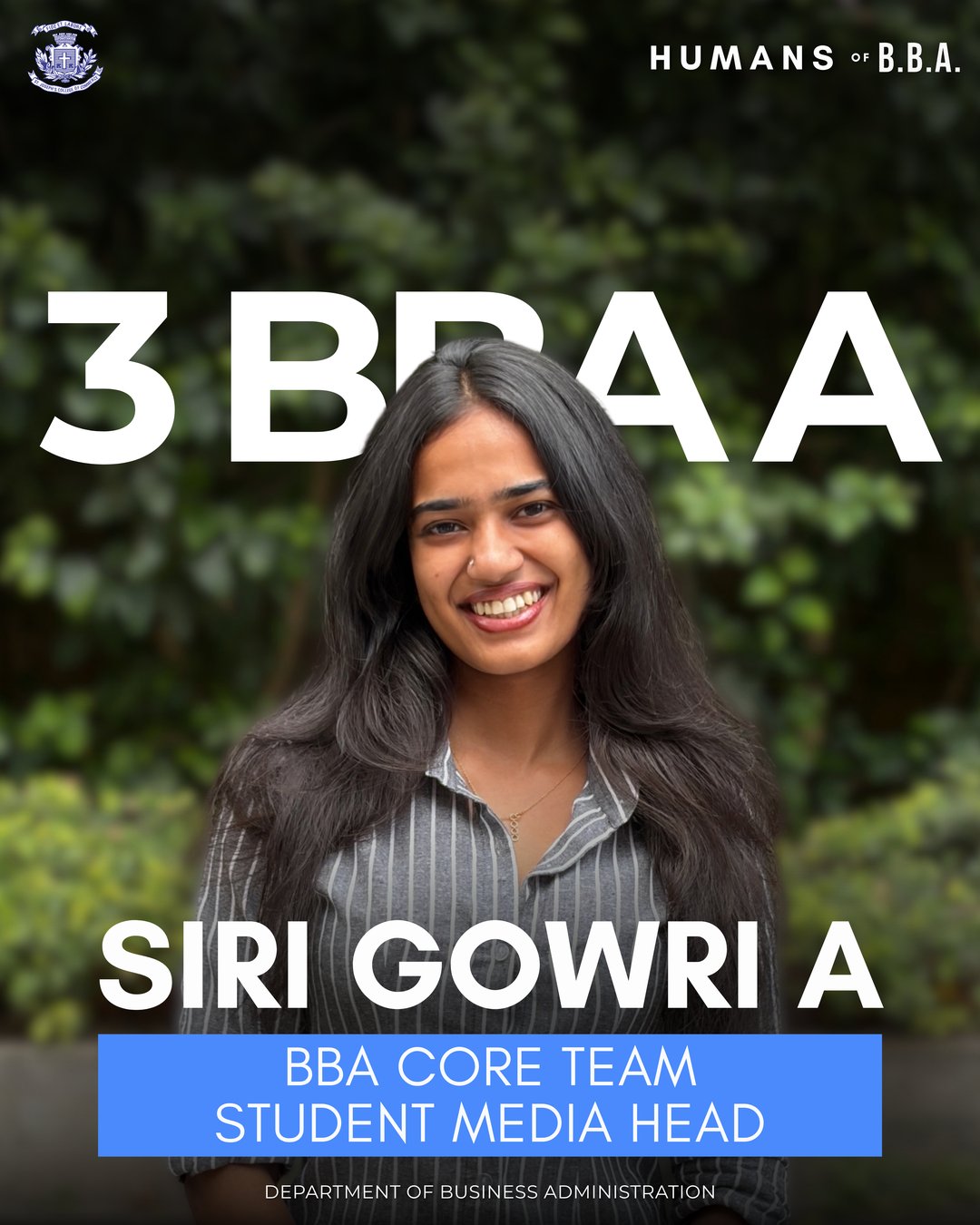 Siri Gowri A, 3 BBA A — BBA Core Team Student Media Head